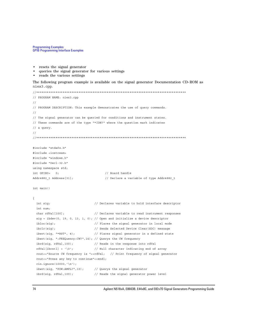 Agilent Technologies N5181A/82A, N5183A MXG, E8663B manual Programming Examples Gpib Programming Interface Examples 