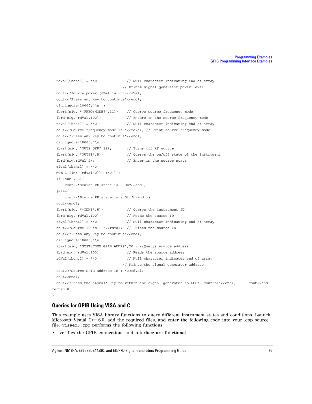 Agilent Technologies N5181A/82A, N5183A MXG, E8663B manual Queries for Gpib Using Visa and C 