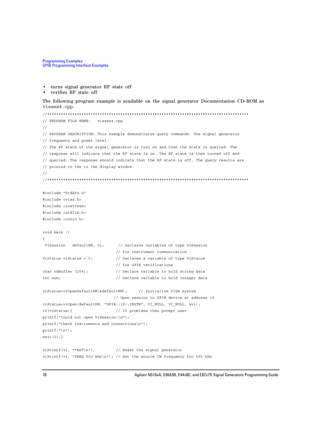 Agilent Technologies N5181A/82A, N5183A MXG, E8663B manual Programming Examples Gpib Programming Interface Examples 