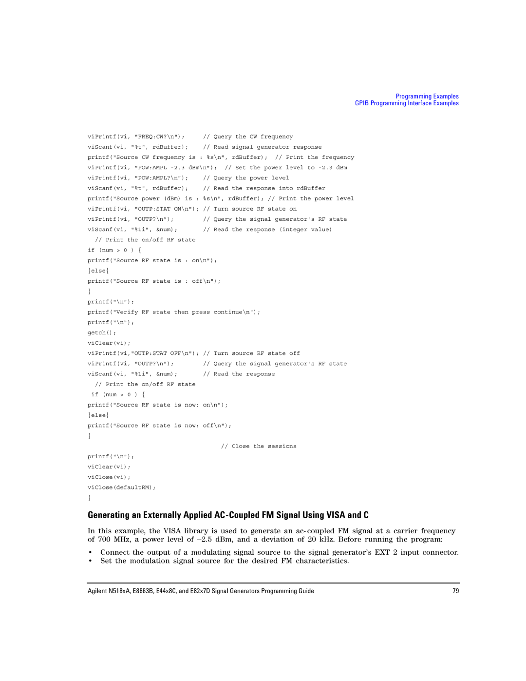 Agilent Technologies N5181A/82A, N5183A MXG, E8663B manual Programming Examples Gpib Programming Interface Examples 