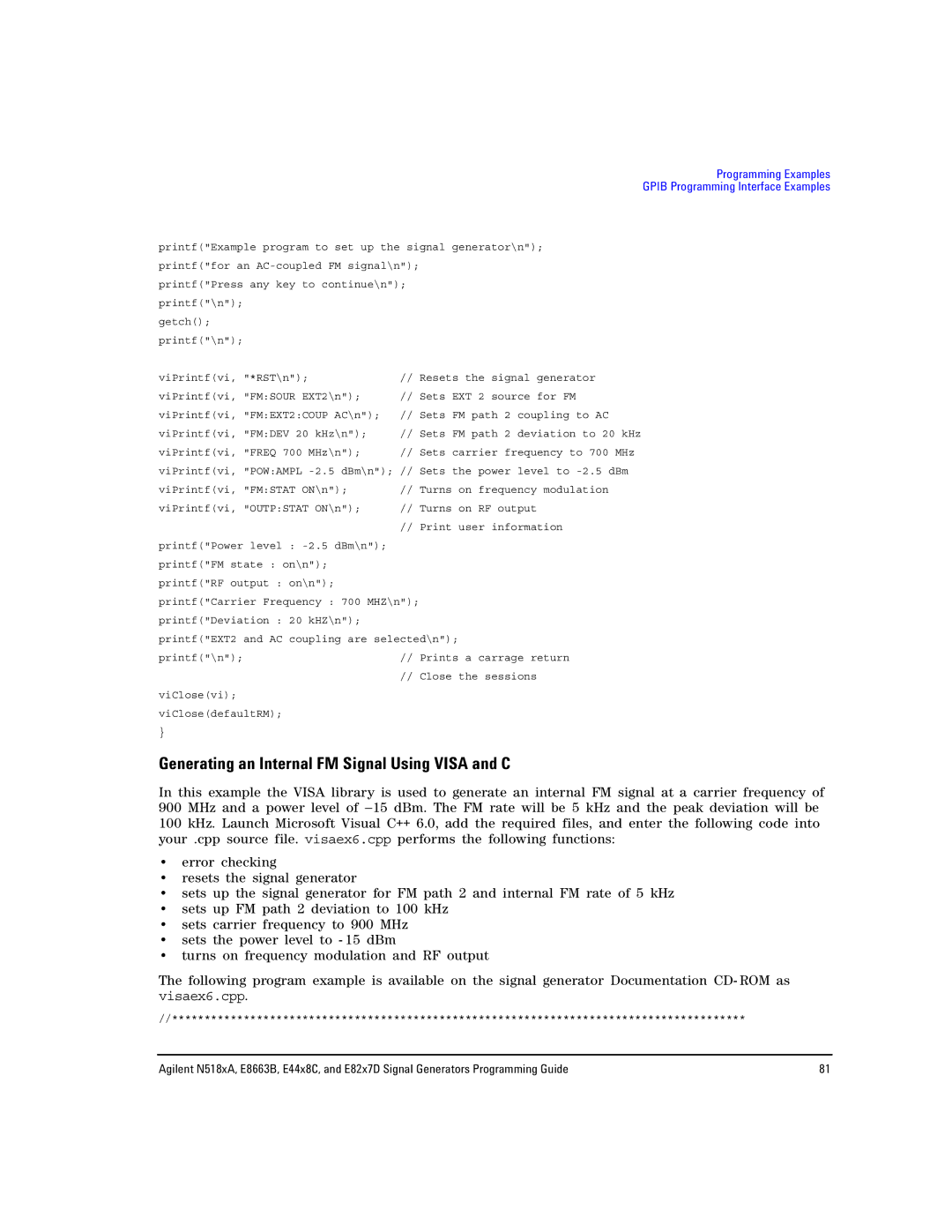 Agilent Technologies E8663B, N5181A/82A, N5183A MXG manual Generating an Internal FM Signal Using Visa and C 