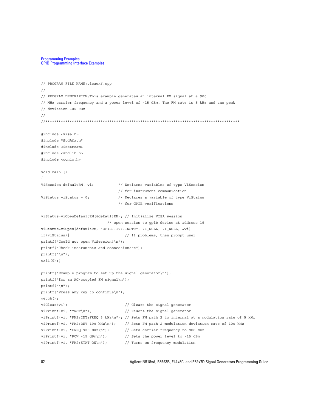 Agilent Technologies N5181A/82A, N5183A MXG, E8663B manual Programming Examples Gpib Programming Interface Examples 