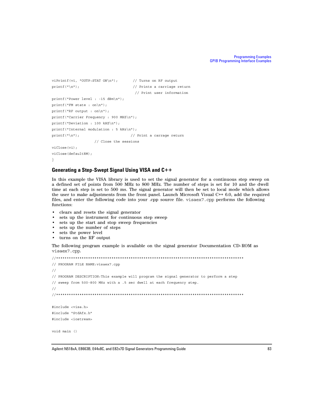 Agilent Technologies N5181A/82A, N5183A MXG, E8663B manual Generating a Step-Swept Signal Using Visa and C++ 