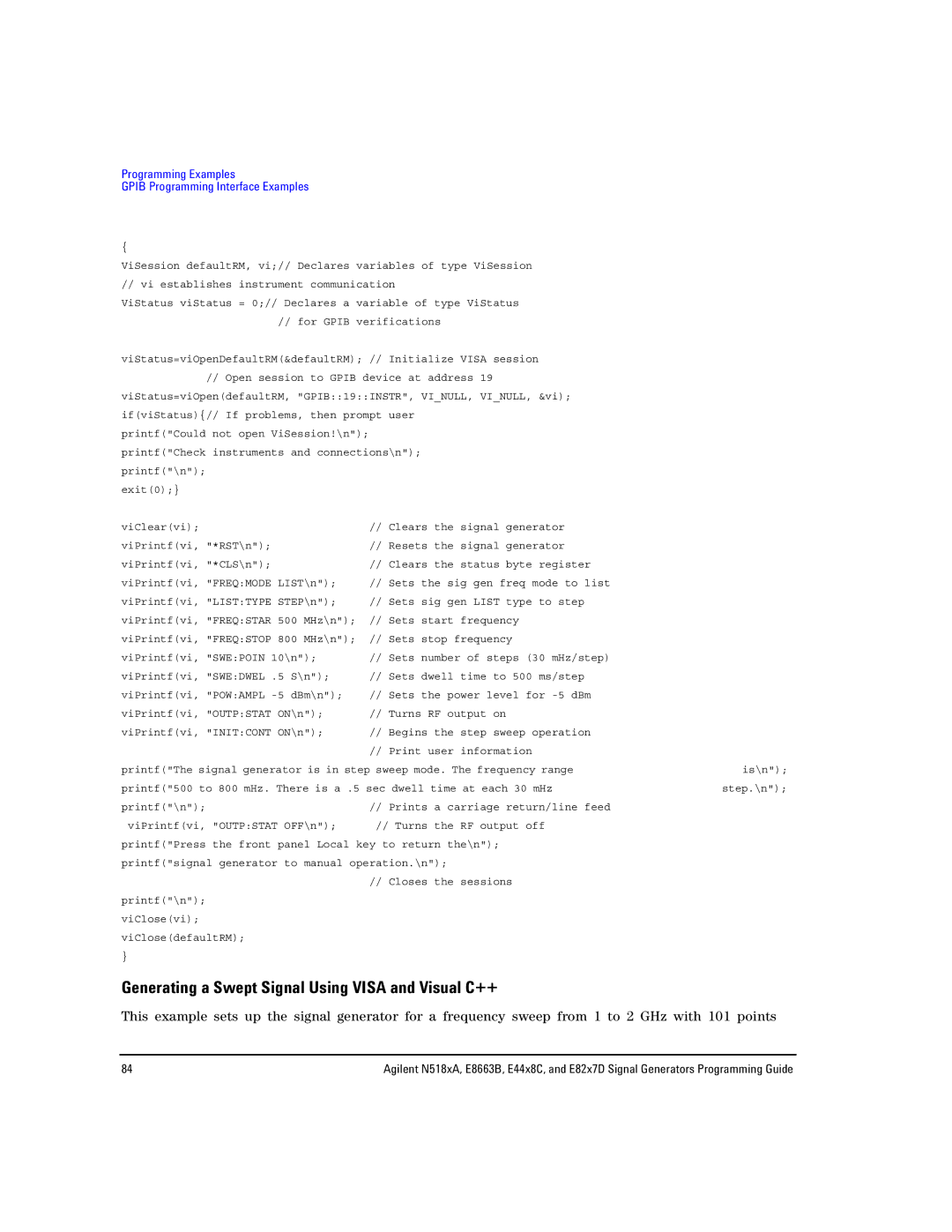 Agilent Technologies N5183A MXG, N5181A/82A, E8663B manual Generating a Swept Signal Using Visa and Visual C++ 