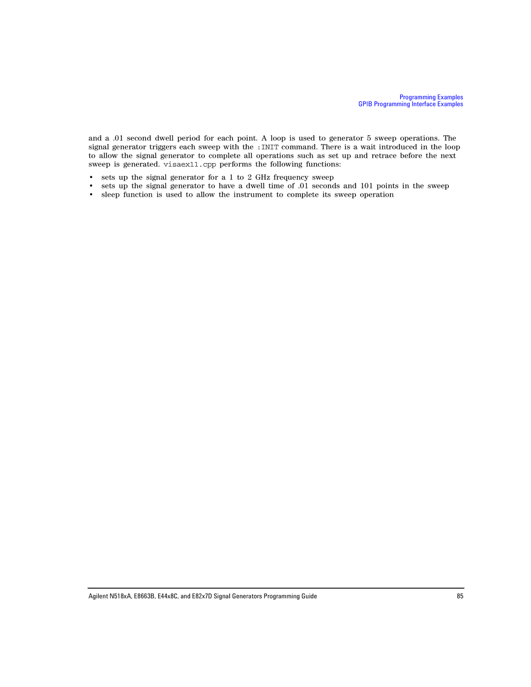 Agilent Technologies E8663B, N5181A/82A, N5183A MXG manual Programming Examples Gpib Programming Interface Examples 