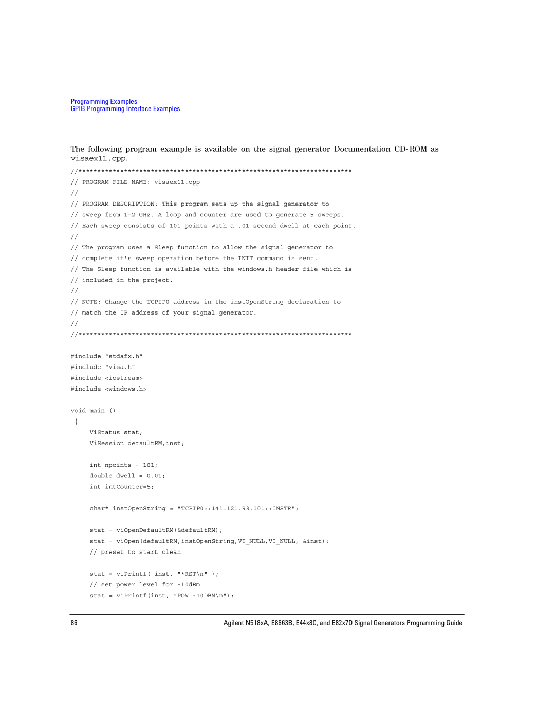 Agilent Technologies N5181A/82A, N5183A MXG, E8663B manual Programming Examples Gpib Programming Interface Examples 