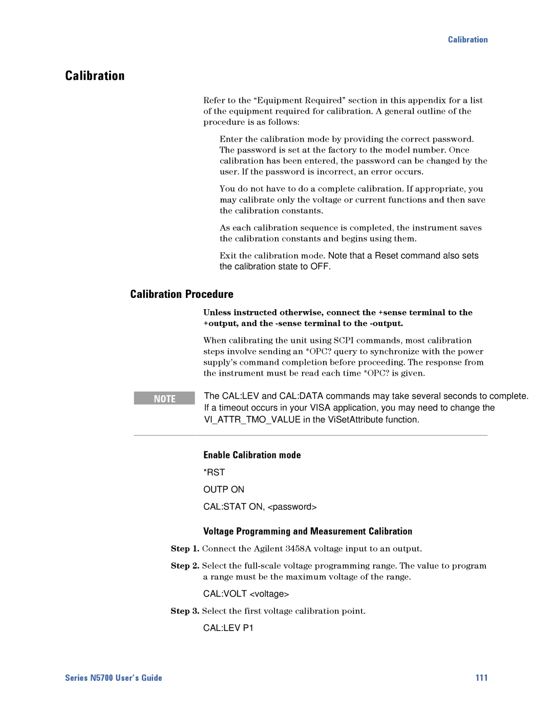 Agilent Technologies N5700 manual Calibration Procedure, Enable Calibration mode *RST 