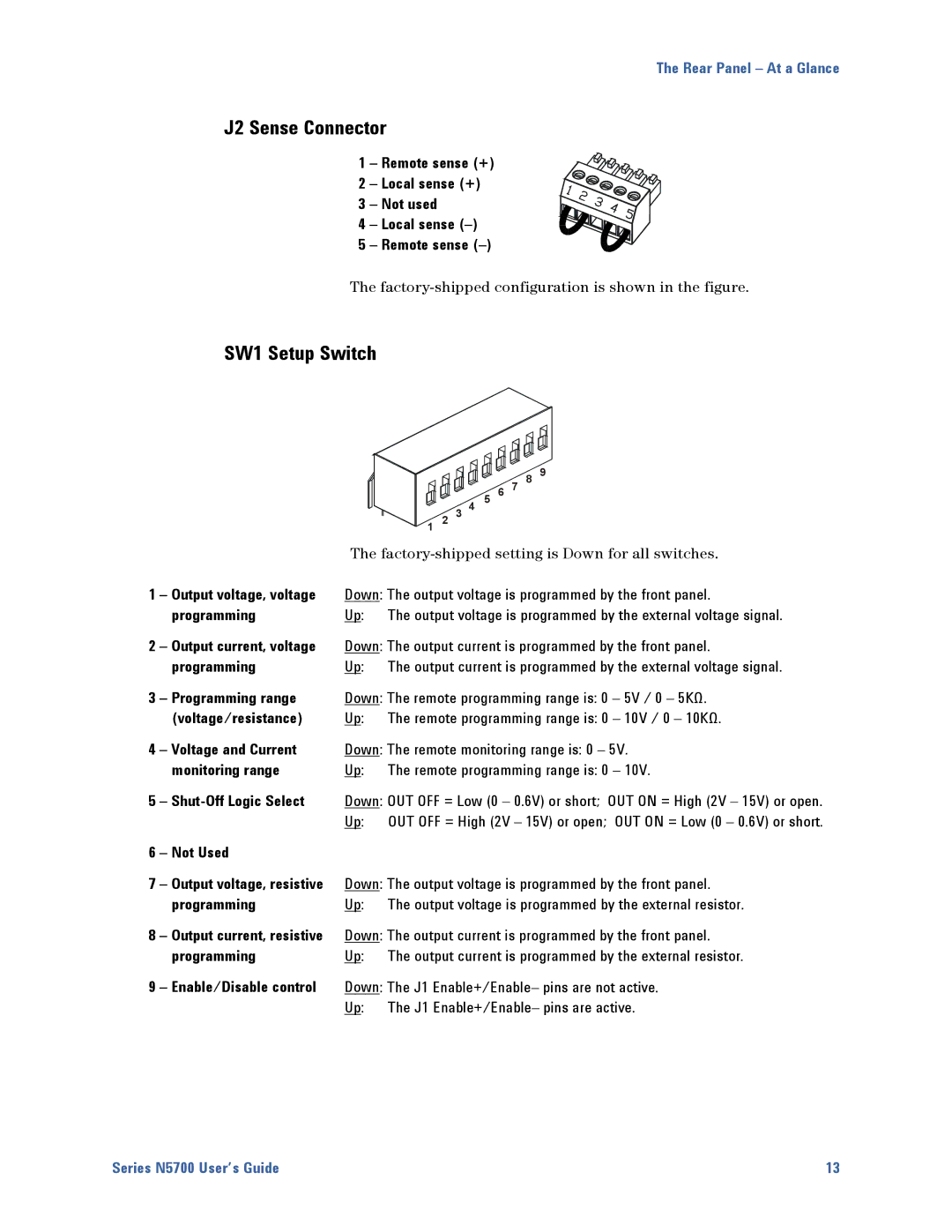 Agilent Technologies N5700 manual J2 Sense Connector, SW1 Setup Switch, Remote sense + Local sense + Not used 