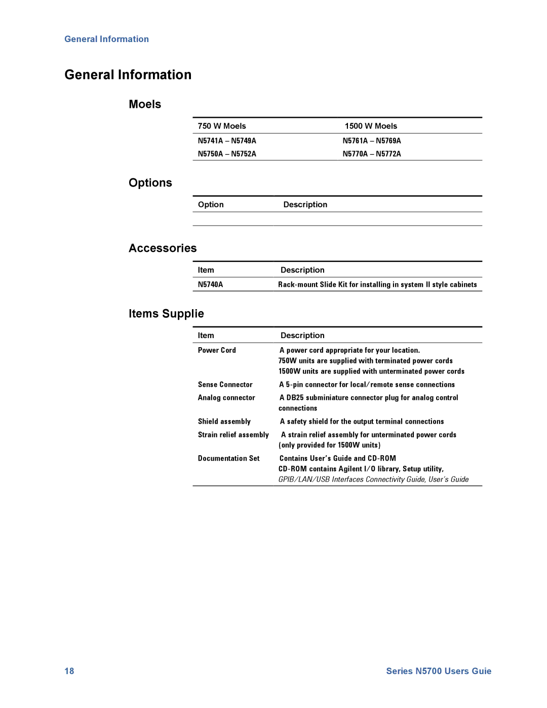 Agilent Technologies N5700 manual General Information, Models, Options, Accessories, Items Supplied 