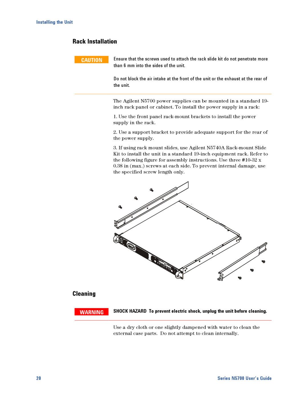 Agilent Technologies N5700 manual Rack Installation, Cleaning, Than 6 mm into the sides of the unit, Unit 