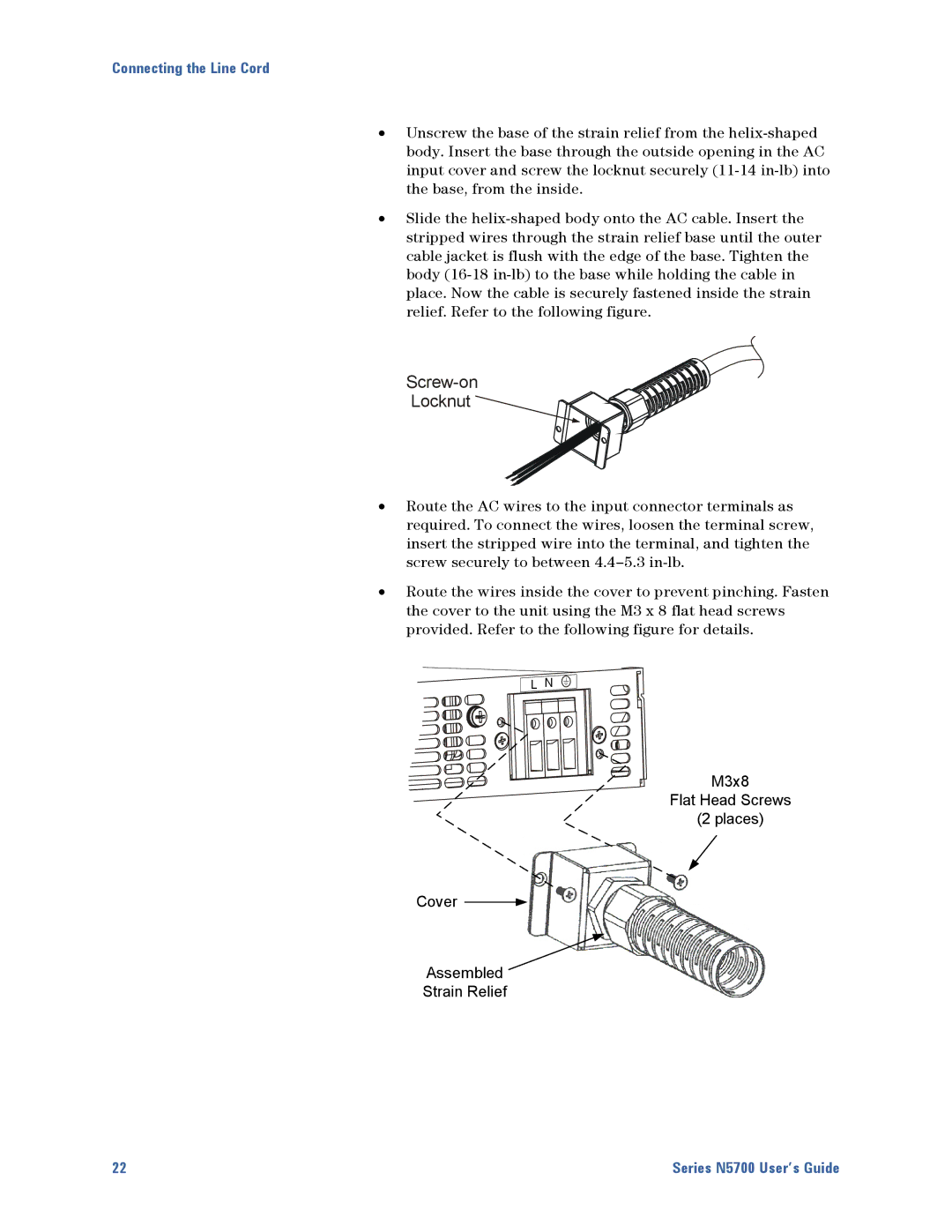 Agilent Technologies N5700 manual Screw-on Locknut, M3x8 Flat Head Screws Places Cover Assembled Strain Relief 