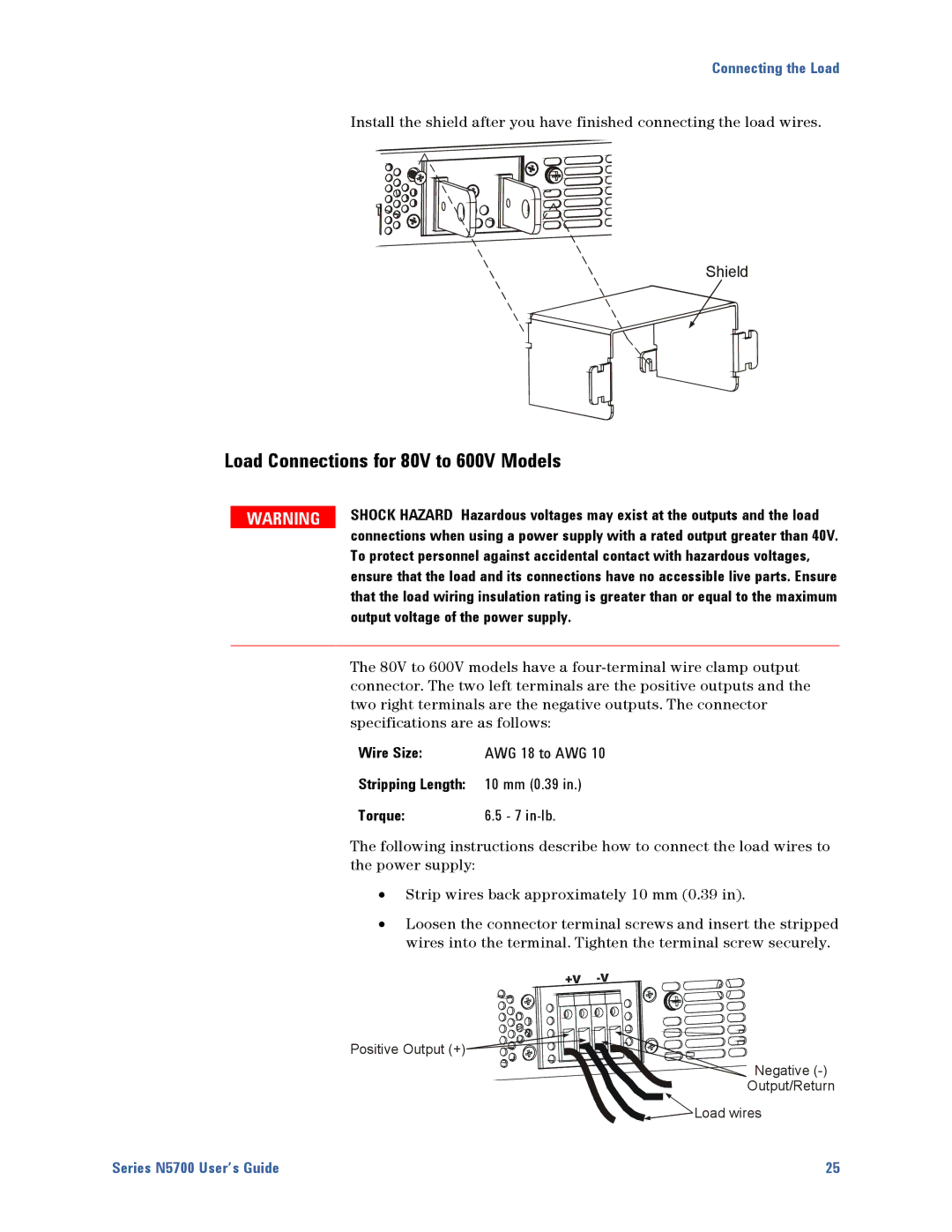 Agilent Technologies N5700 manual Load Connections for 80V to 600V Models, Wire Size, 10 mm 0.39, Torque, in-lb 