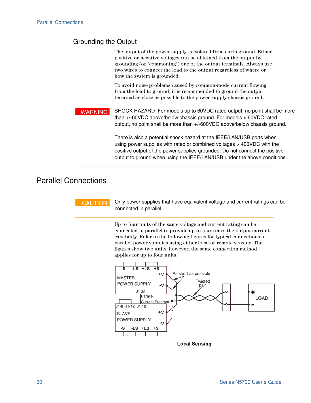 Agilent Technologies N5700 manual Parallel Connections, Grounding the Output, Connected in parallel, Local Sensing 