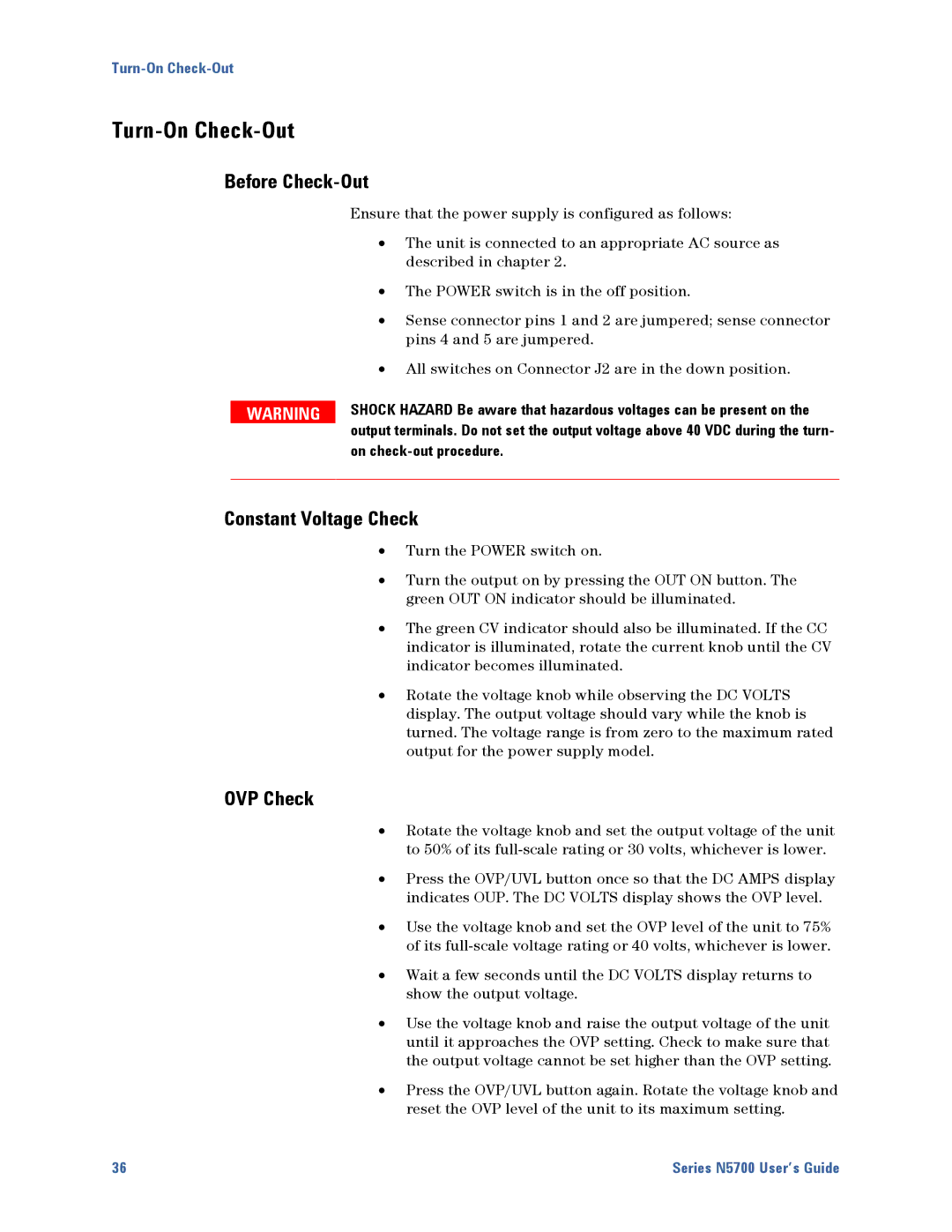 Agilent Technologies N5700 Turn-On Check-Out, Before Check-Out, Constant Voltage Check, OVP Check, On check-out procedure 