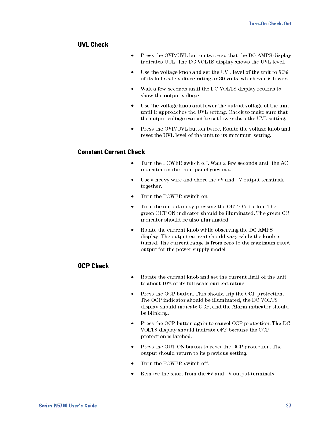 Agilent Technologies N5700 manual UVL Check, Constant Current Check, OCP Check 