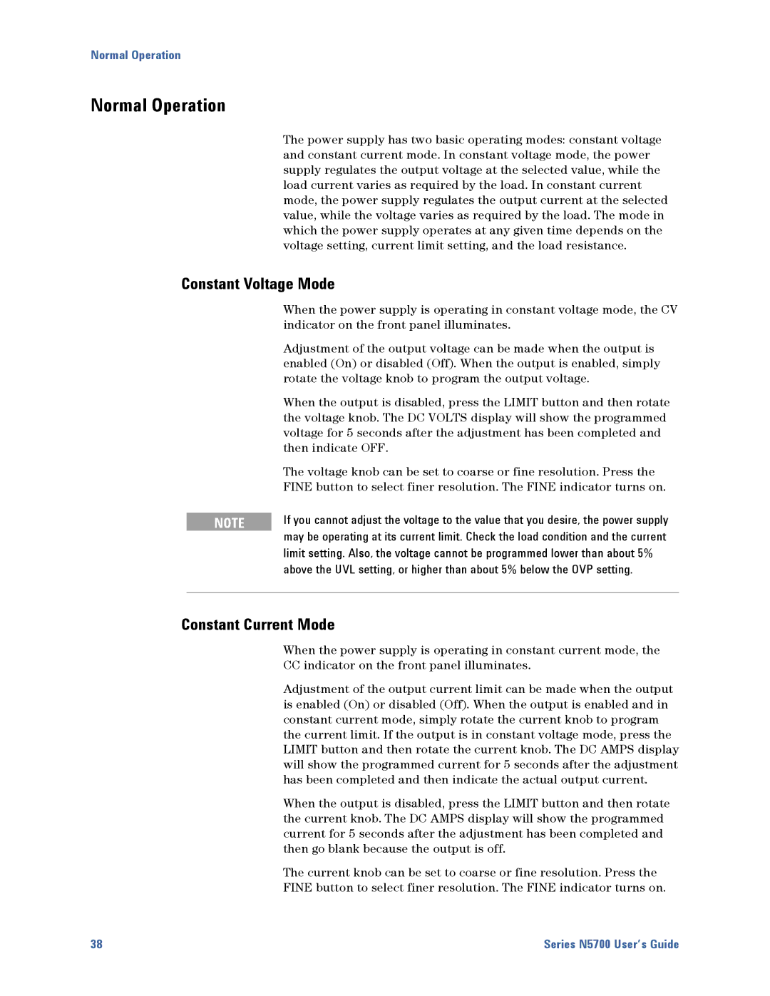 Agilent Technologies N5700 manual Normal Operation, Constant Voltage Mode, Constant Current Mode 