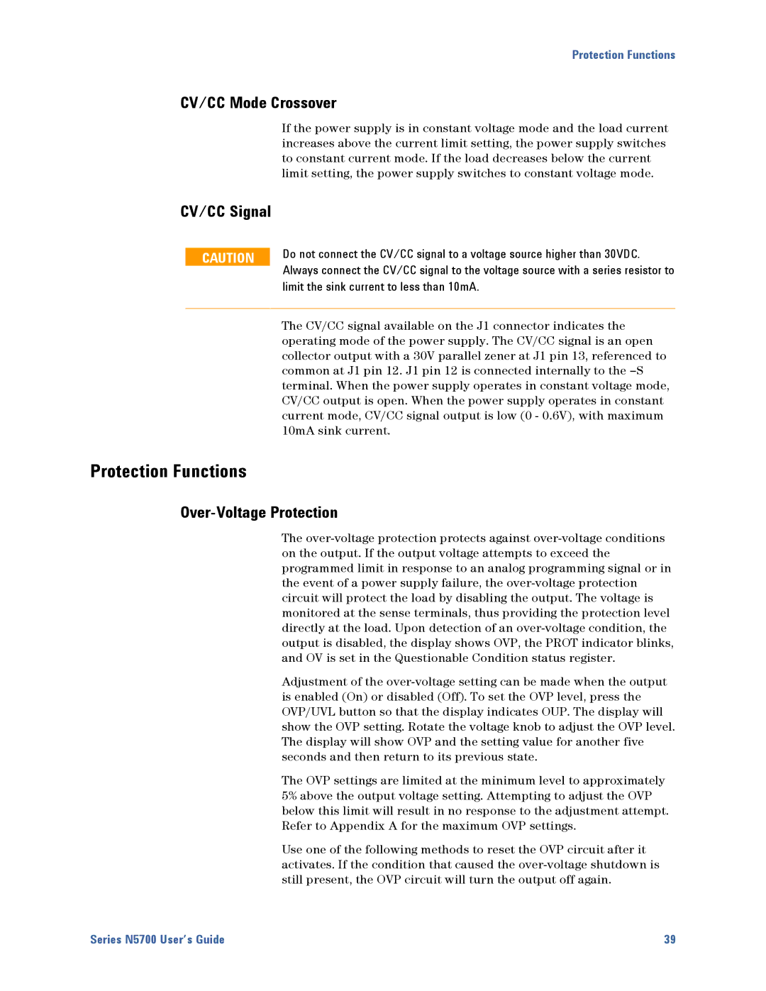 Agilent Technologies N5700 manual CV/CC Mode Crossover, CV/CC Signal, Over-Voltage Protection 