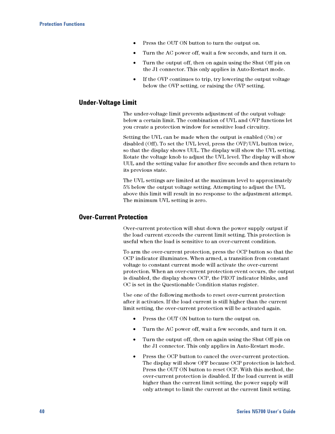 Agilent Technologies N5700 manual Under-Voltage Limit, Over-Current Protection 