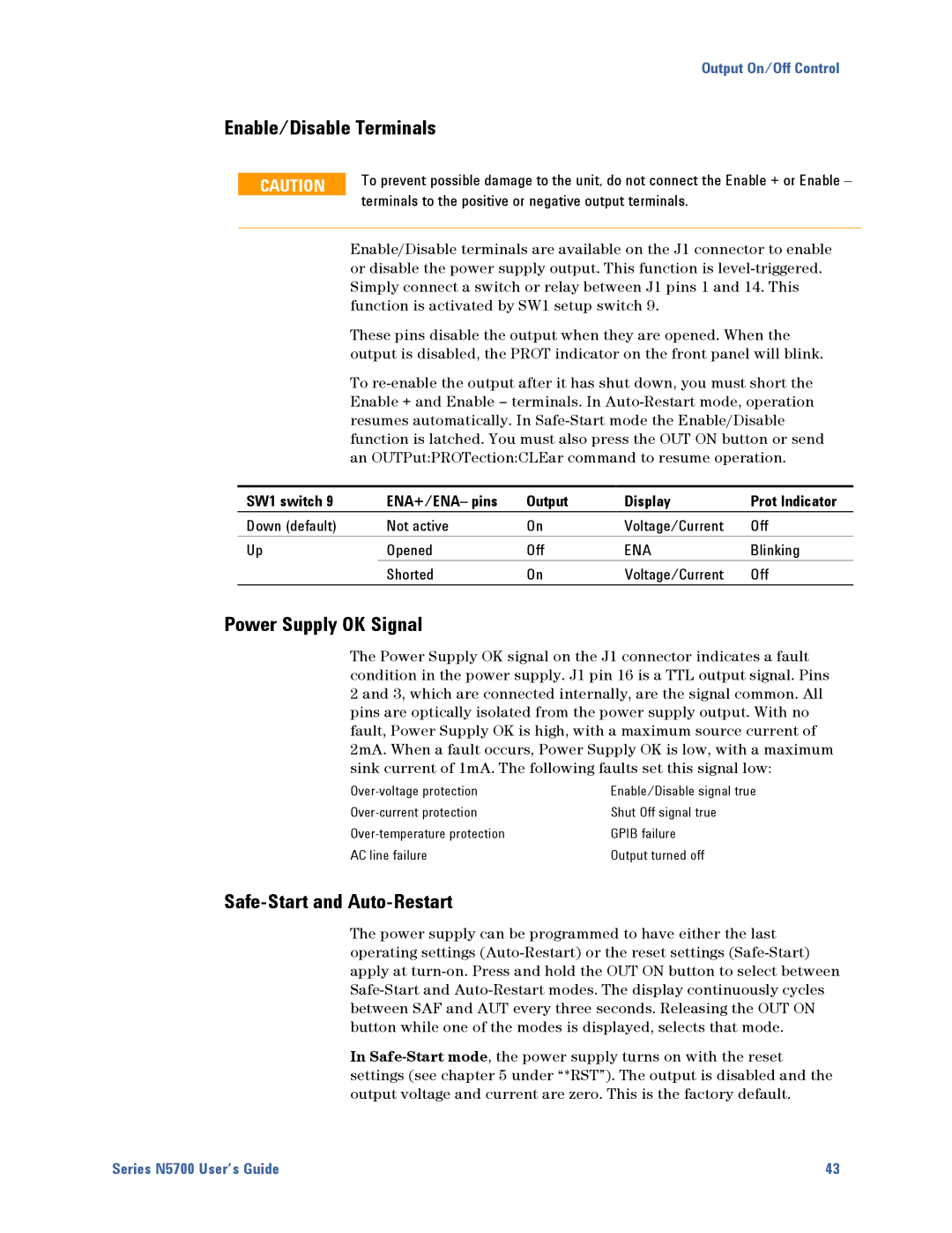 Agilent Technologies N5700 manual Enable/Disable Terminals, Power Supply OK Signal, Safe-Start and Auto-Restart 