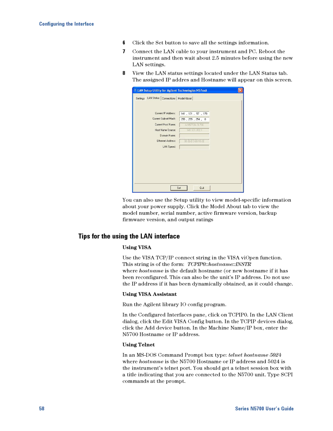 Agilent Technologies N5700 manual Tips for the using the LAN interface, Using Visa 