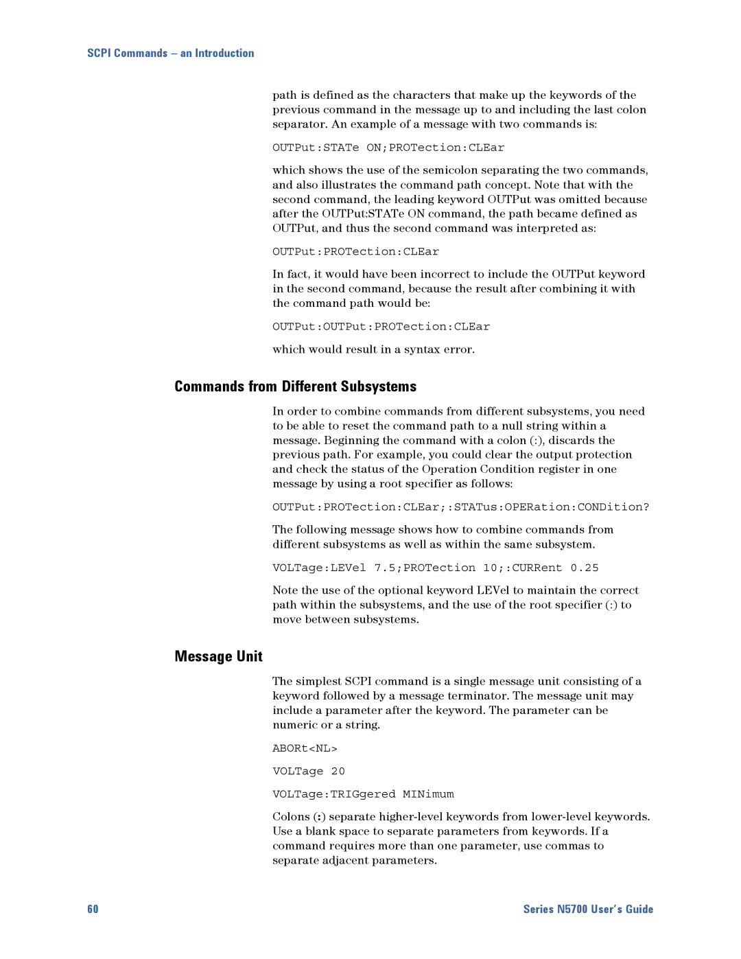 Agilent Technologies N5700 manual Commands from Different Subsystems, Message Unit, Which would result in a syntax error 