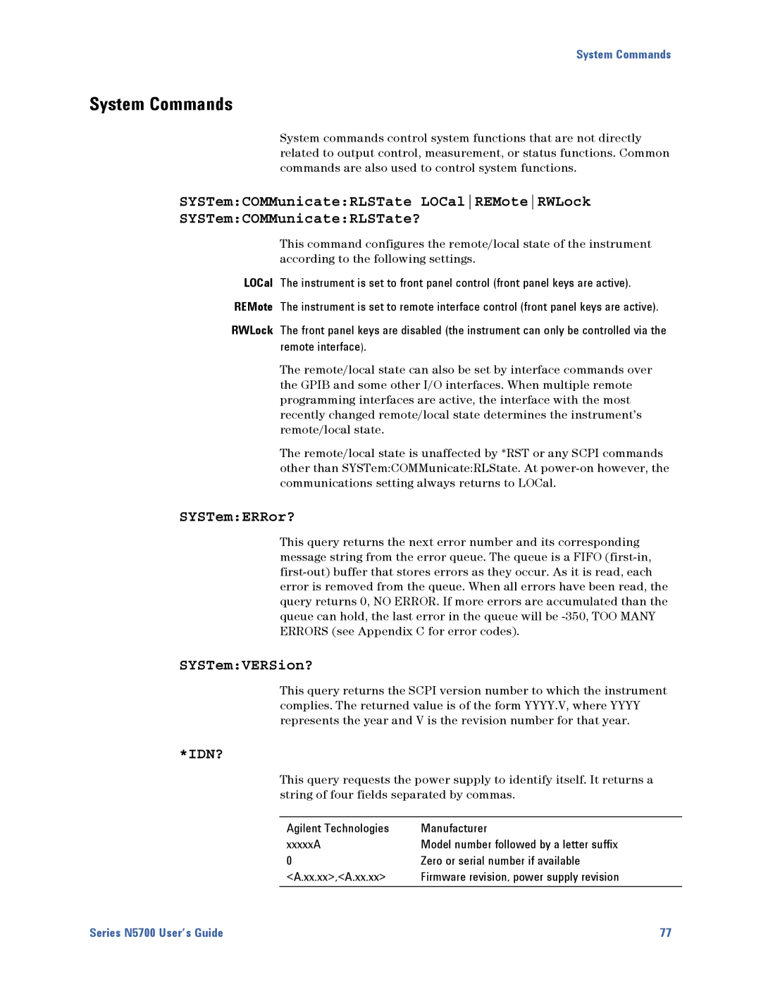 Agilent Technologies N5700 manual System Commands, SYSTemERRor? 