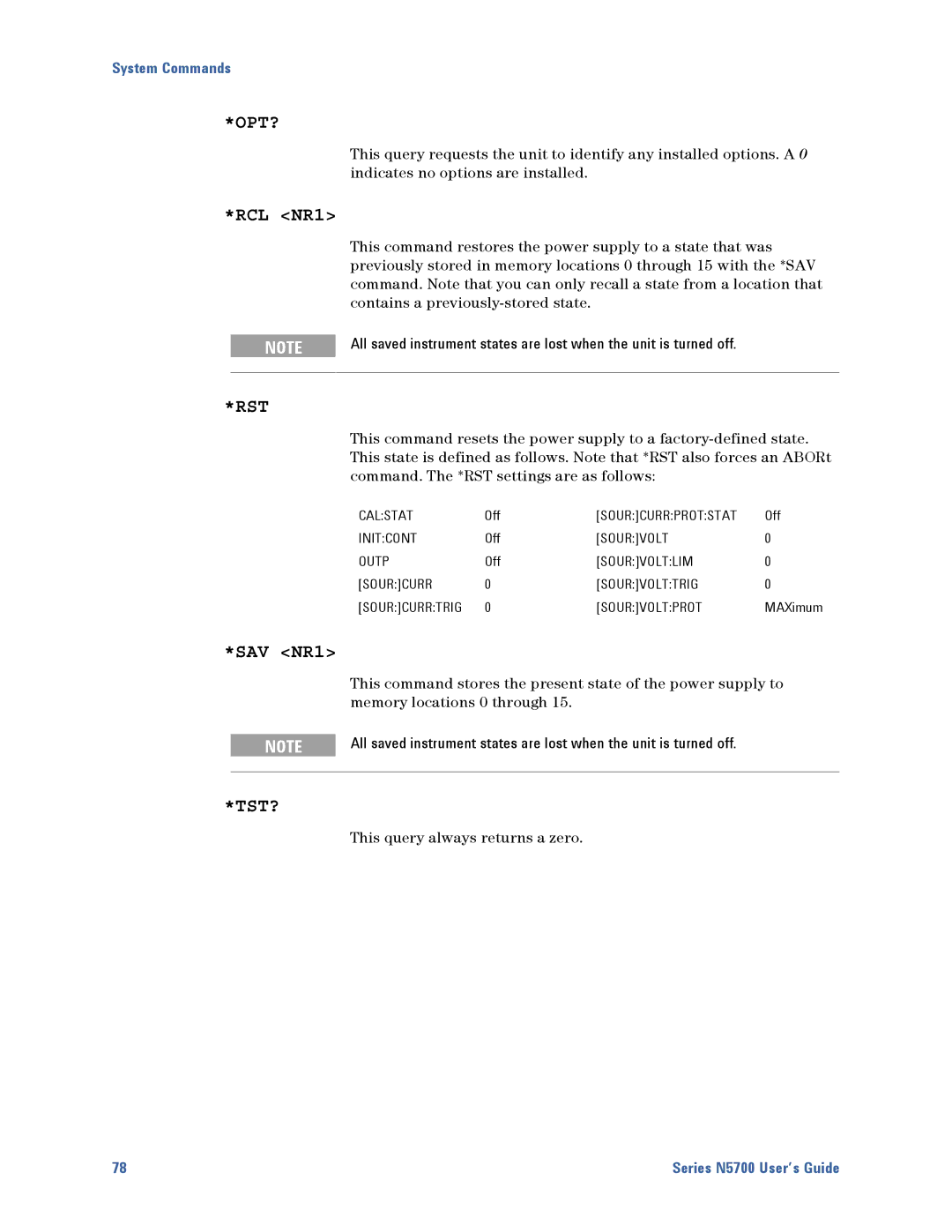 Agilent Technologies N5700 This command restores the power supply to a state that was, Contains a previously-stored state 