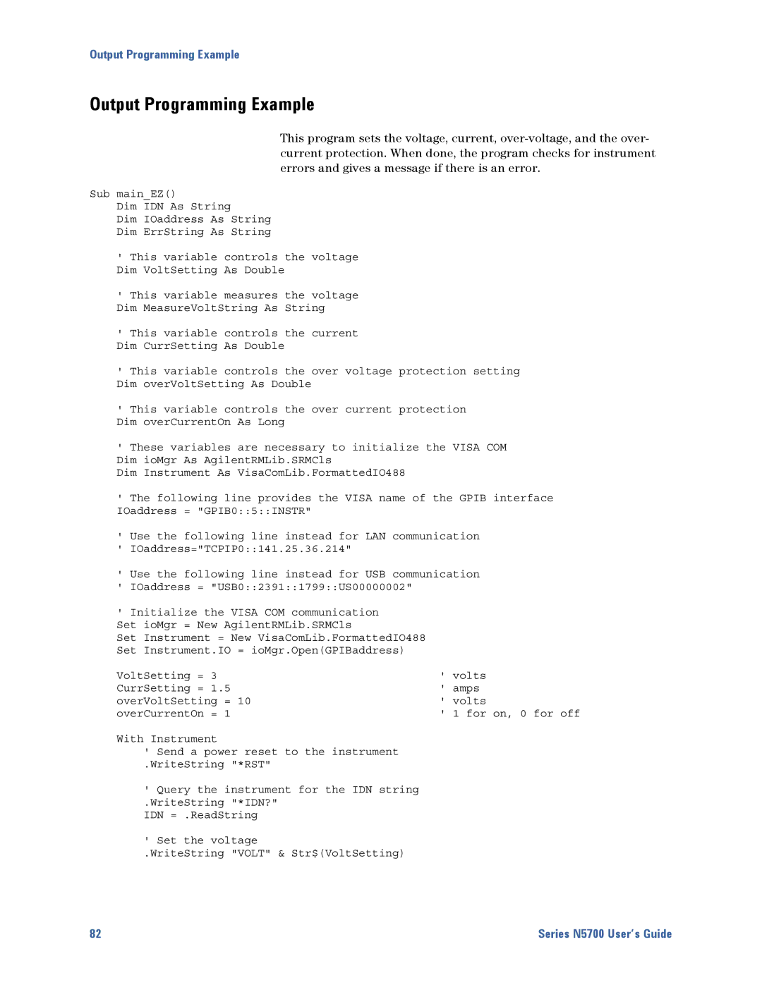 Agilent Technologies N5700 manual Output Programming Example 