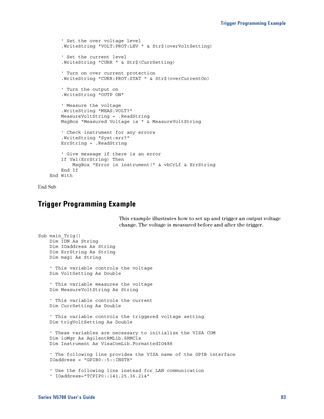 Agilent Technologies N5700 manual Trigger Programming Example, End Sub 