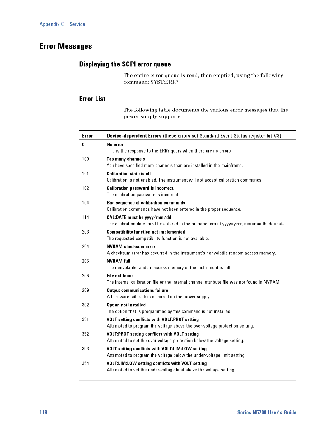 Agilent Technologies N5700 manual Error Messages, Displaying the Scpi error queue, Error List 