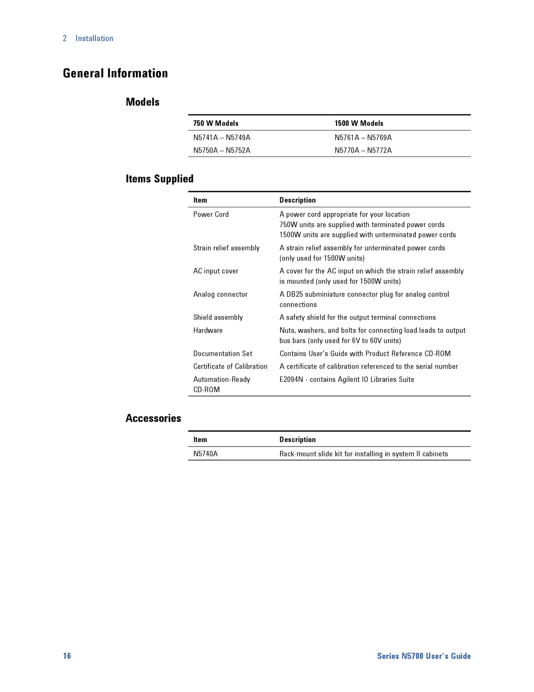 Agilent Technologies N5700 manual General Information, Models, Items Supplied, Accessories 