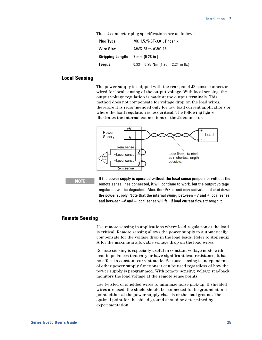 Agilent Technologies N5700 manual Local Sensing, Remote Sensing, Plug Type 