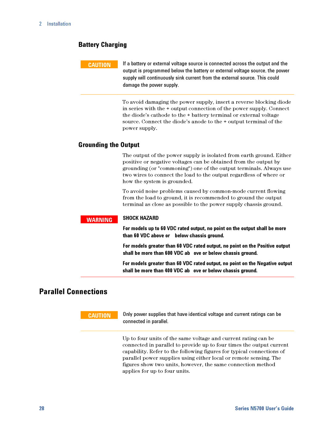 Agilent Technologies N5700 manual Battery Charging, Grounding the Output, Than ±60 VDC above or below chassis ground 