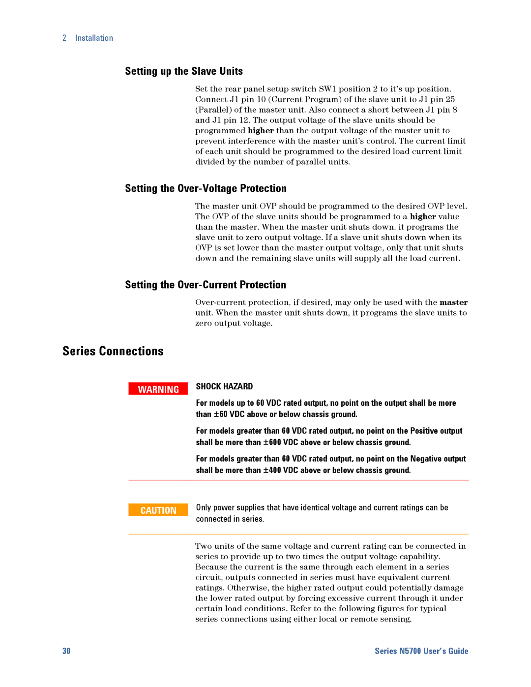Agilent Technologies N5700 manual Series Connections, Setting up the Slave Units, Setting the Over-Voltage Protection 