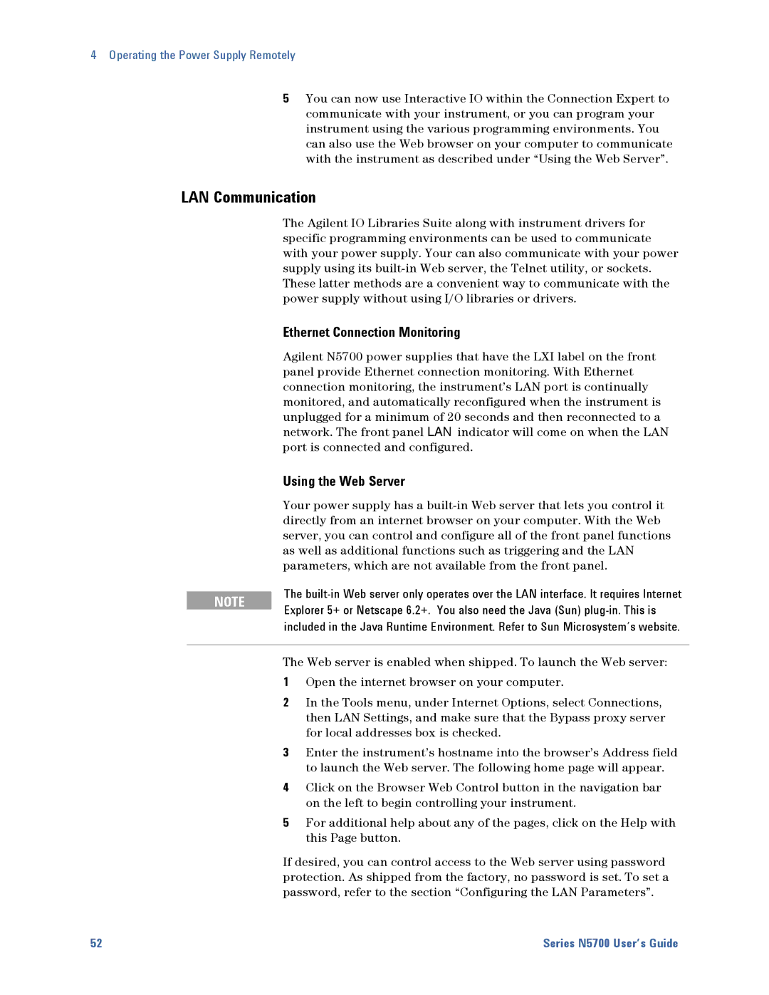 Agilent Technologies N5700 manual LAN Communication, Ethernet Connection Monitoring, Using the Web Server 