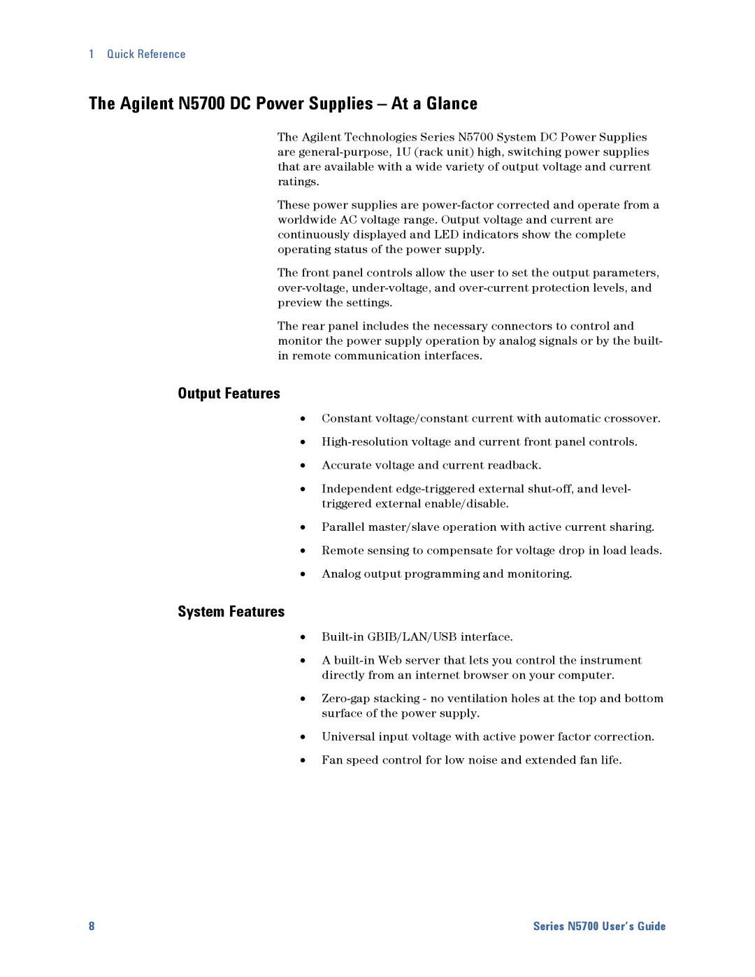 Agilent Technologies manual Agilent N5700 DC Power Supplies At a Glance, Output Features, System Features 