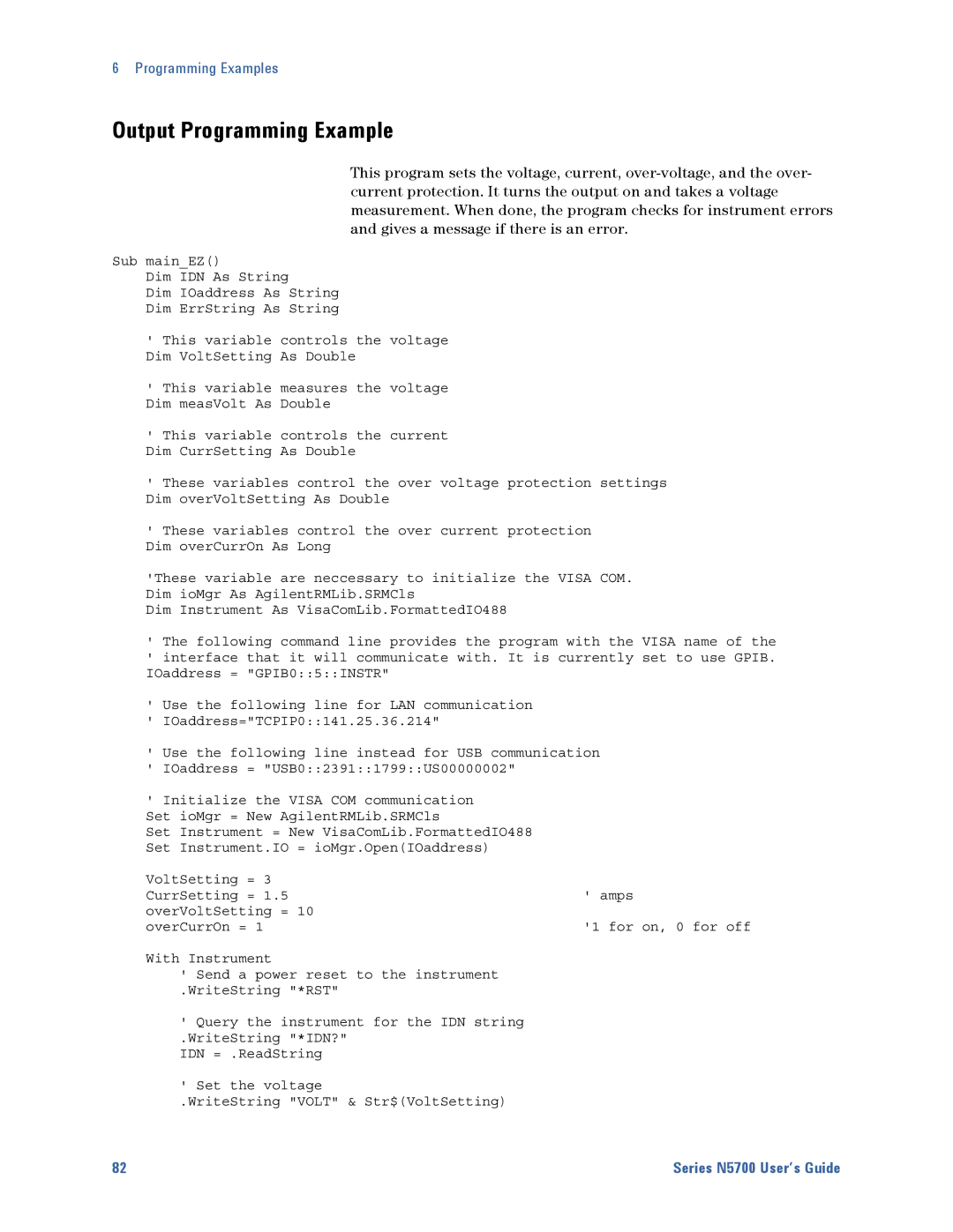 Agilent Technologies N5700 manual Output Programming Example 