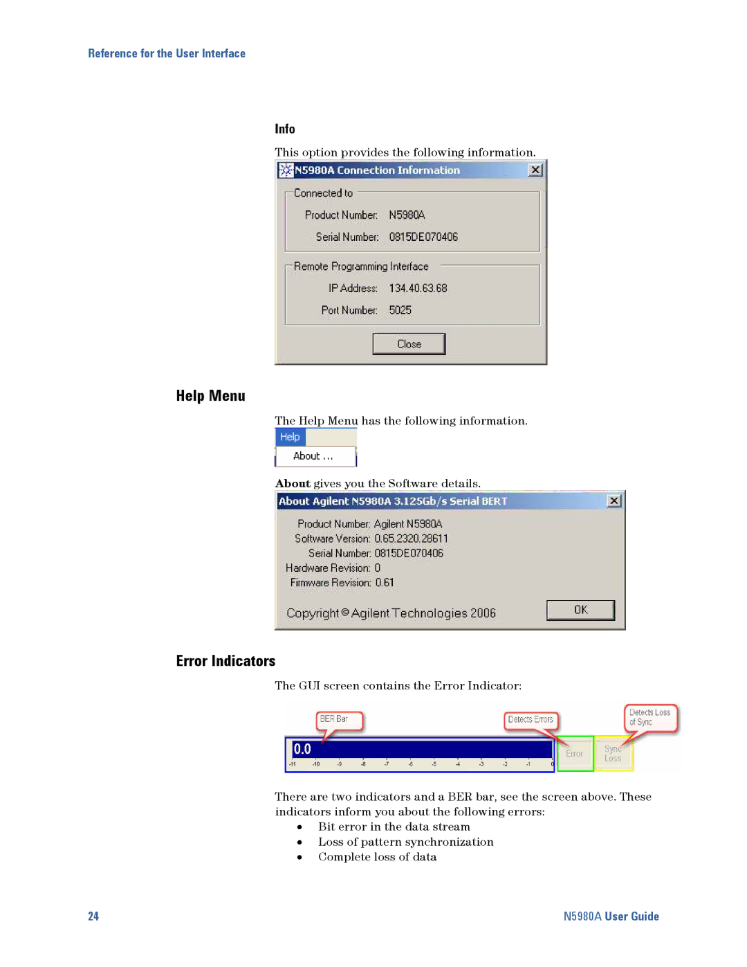 Agilent Technologies N5980A manual Help Menu, Error Indicators, Info 