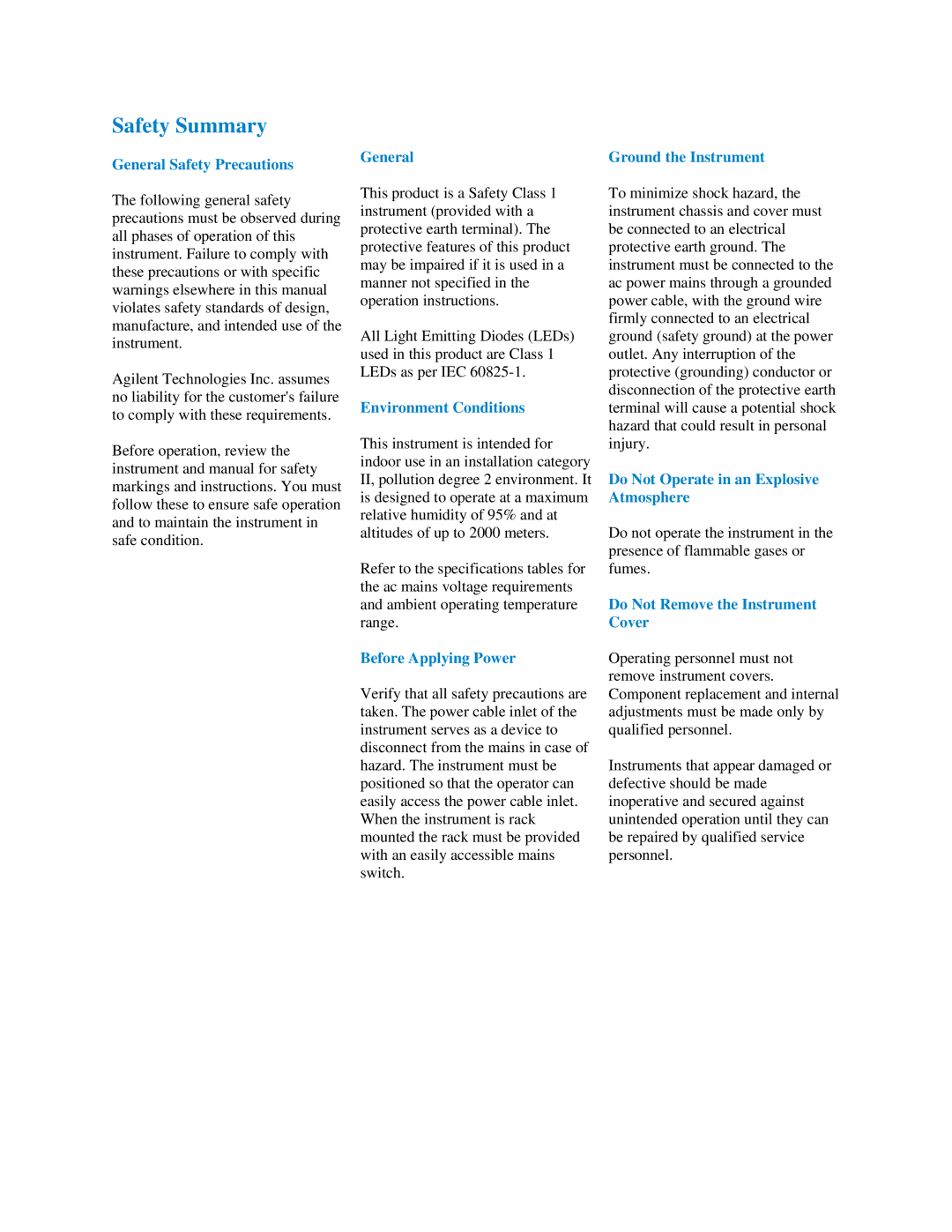 Agilent Technologies N5980A manual Safety Summary 