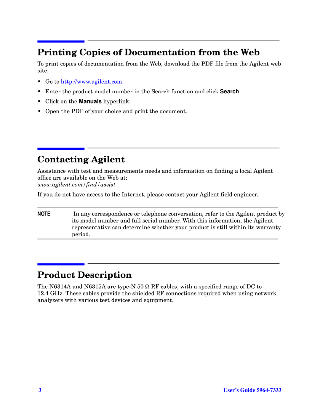 Agilent Technologies N6314A, N6315A Printing Copies of Documentation from the Web, Contacting Agilent, Product Description 