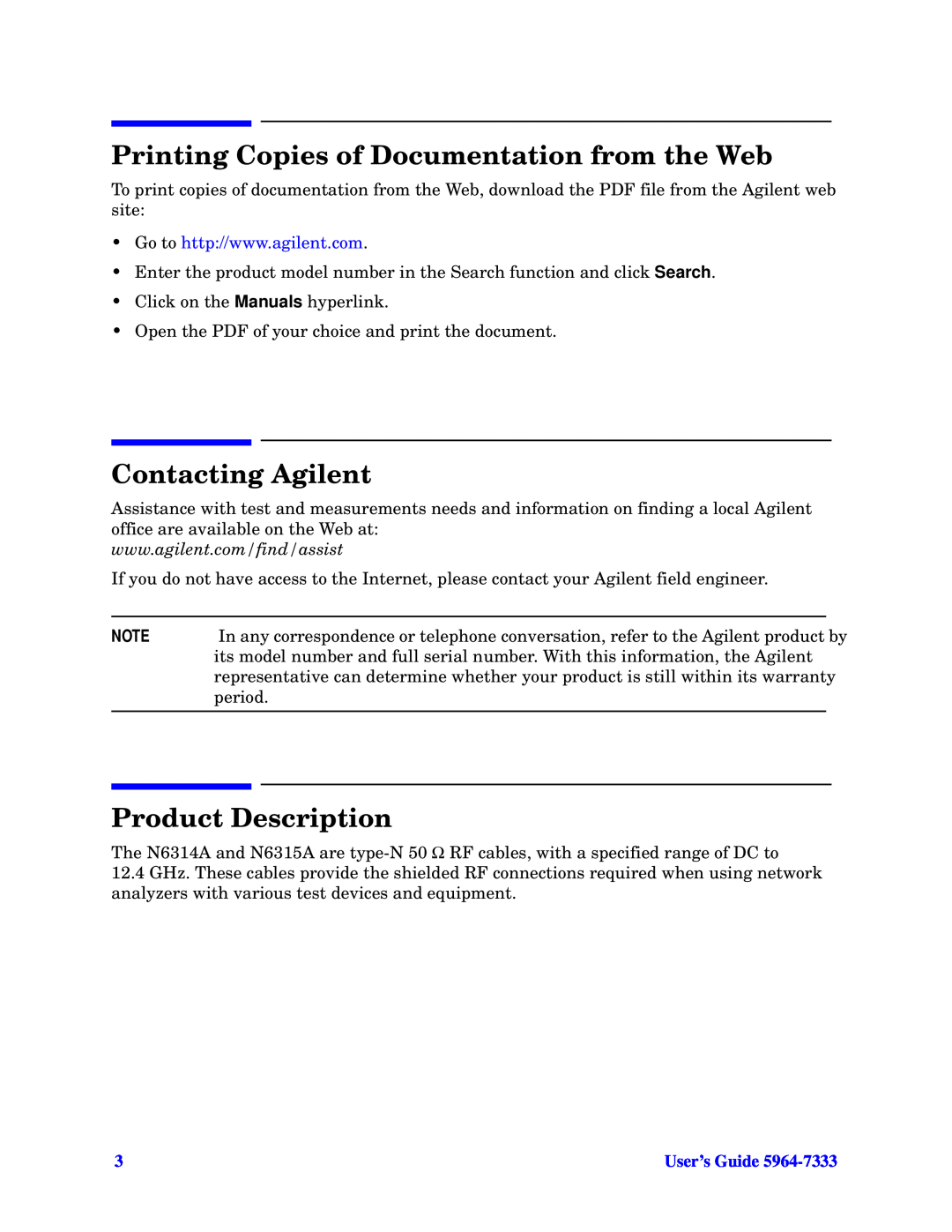 Agilent Technologies N6314A, N6315A Printing Copies of Documentation from the Web, Contacting Agilent, Product Description 