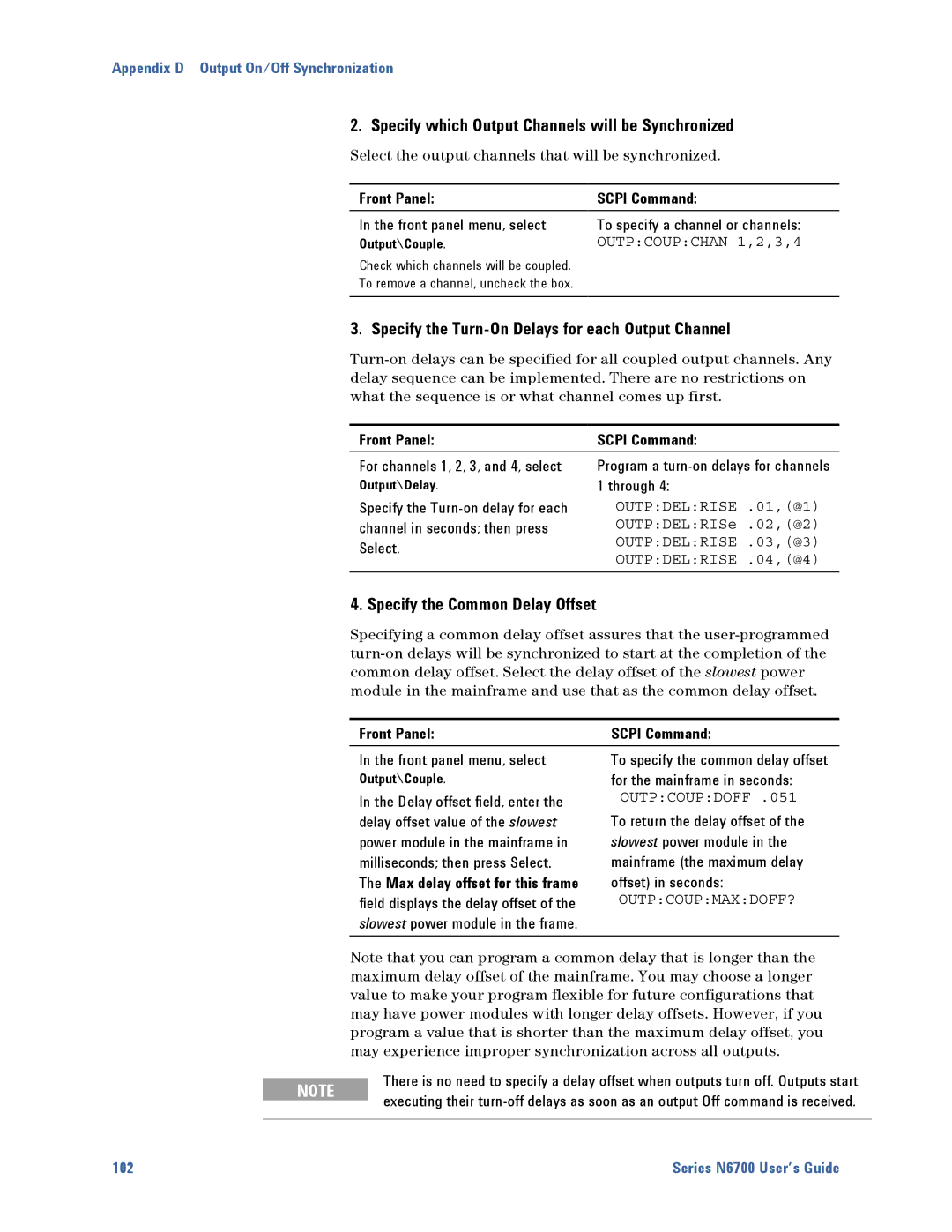 Agilent Technologies N6700 manual Specify which Output Channels will be Synchronized, Specify the Common Delay Offset 