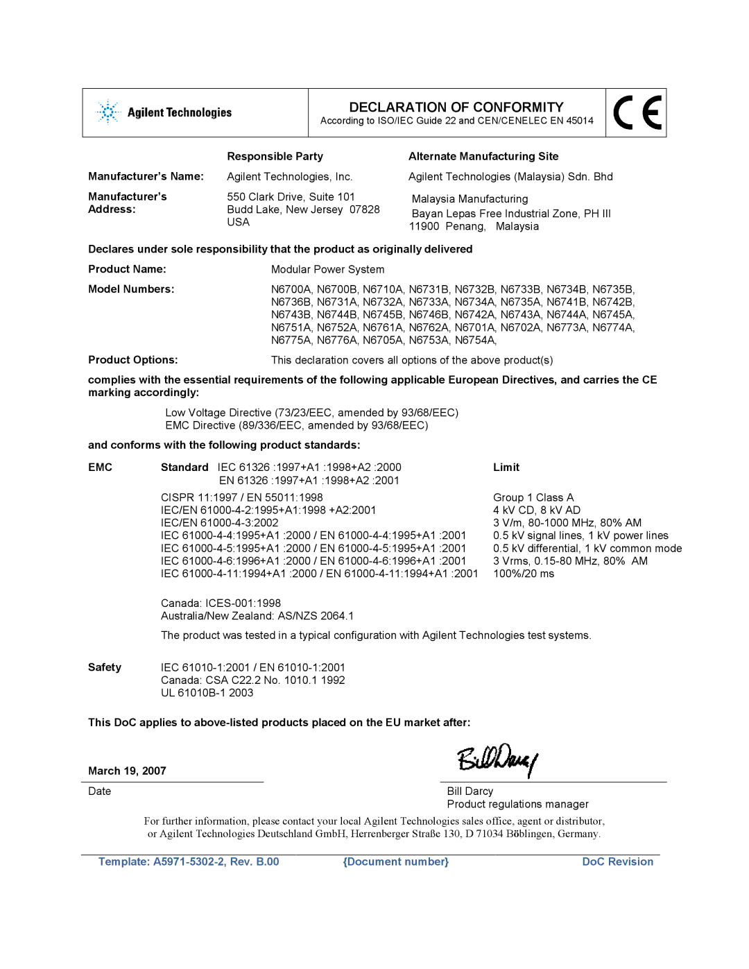 Agilent Technologies N6700 manual Declaration of Conformity 