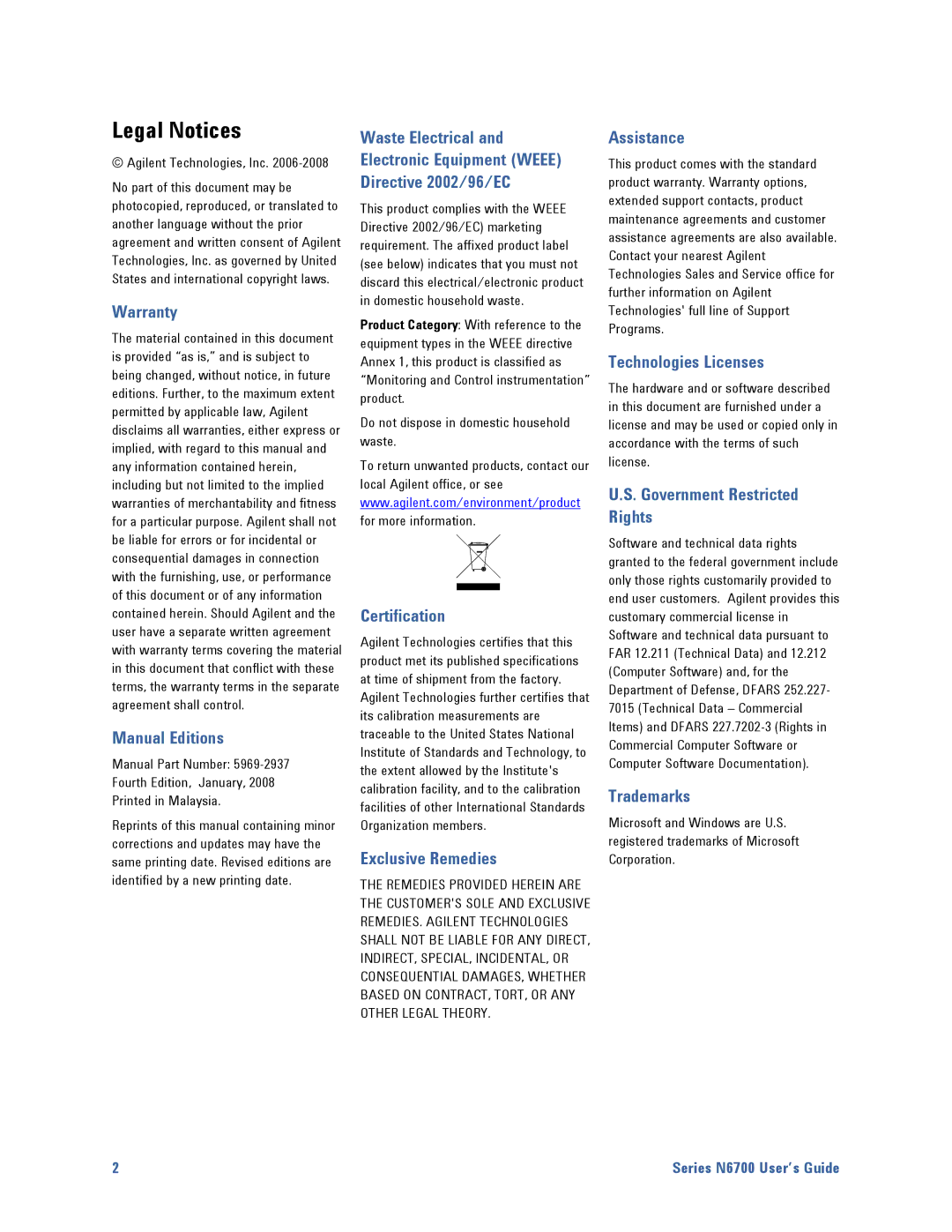 Agilent Technologies N6700 manual Legal Notices, Agilent Technologies, Inc 