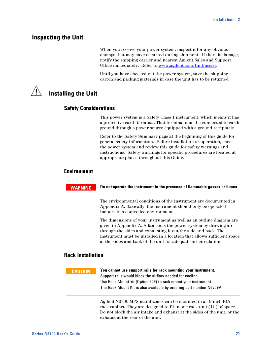 Agilent Technologies N6700 Inspecting the Unit, Installing the Unit, Safety Considerations, Environment, Rack Installation 