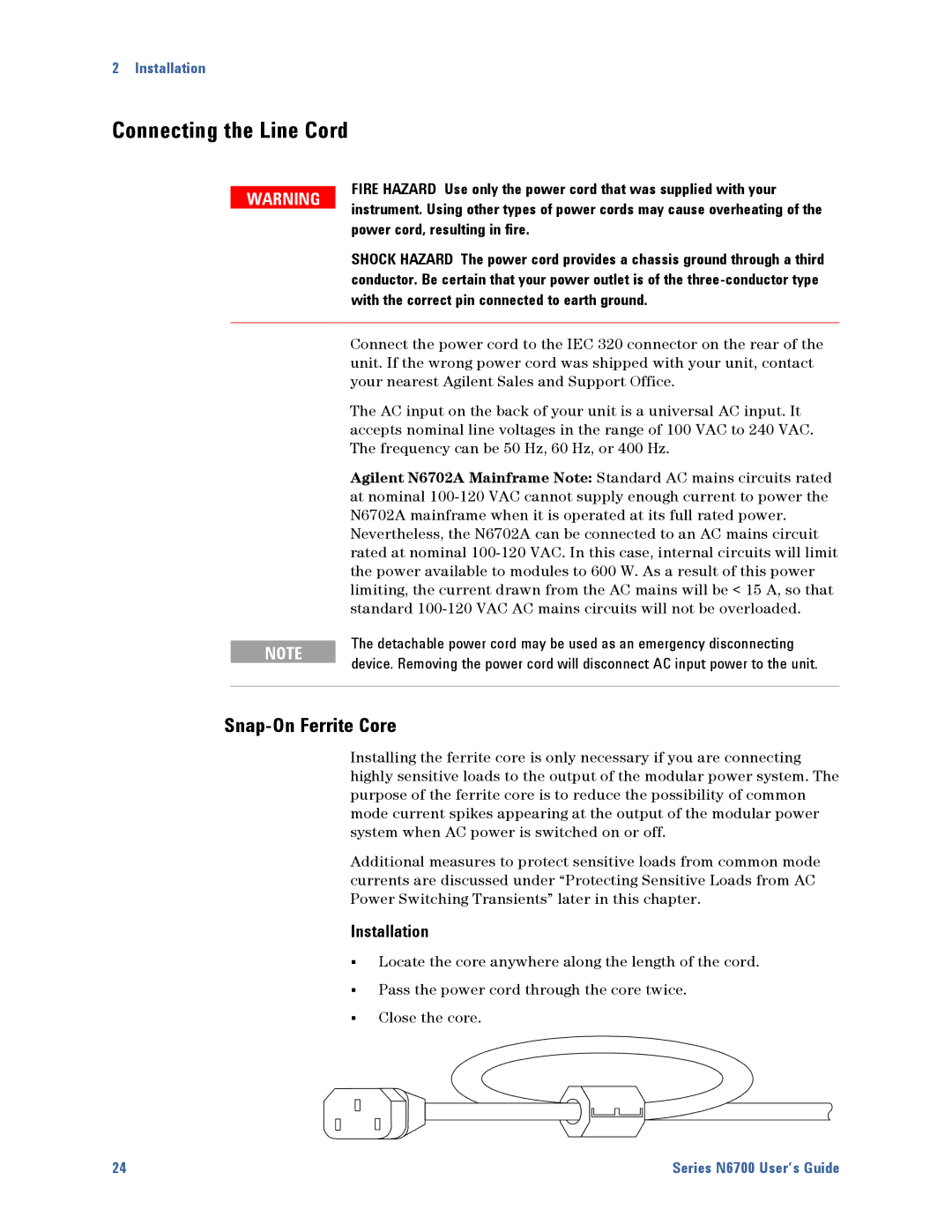 Agilent Technologies N6700 Connecting the Line Cord, Snap-On Ferrite Core, Installation, Power cord, resulting in fire 