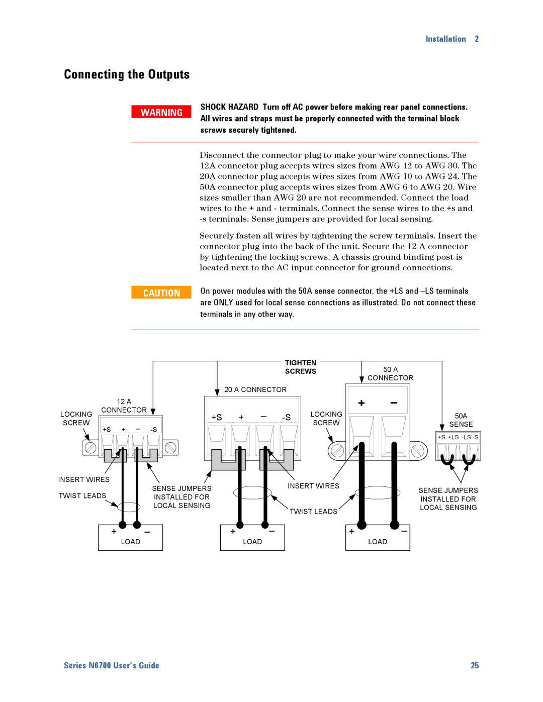 Agilent Technologies N6700 manual Connecting the Outputs, Screws securely tightened, Terminals in any other way 