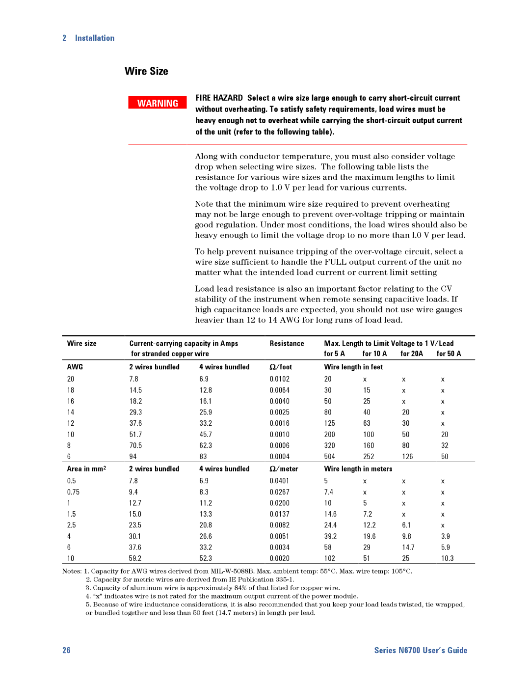 Agilent Technologies N6700 manual Wire Size, Awg 