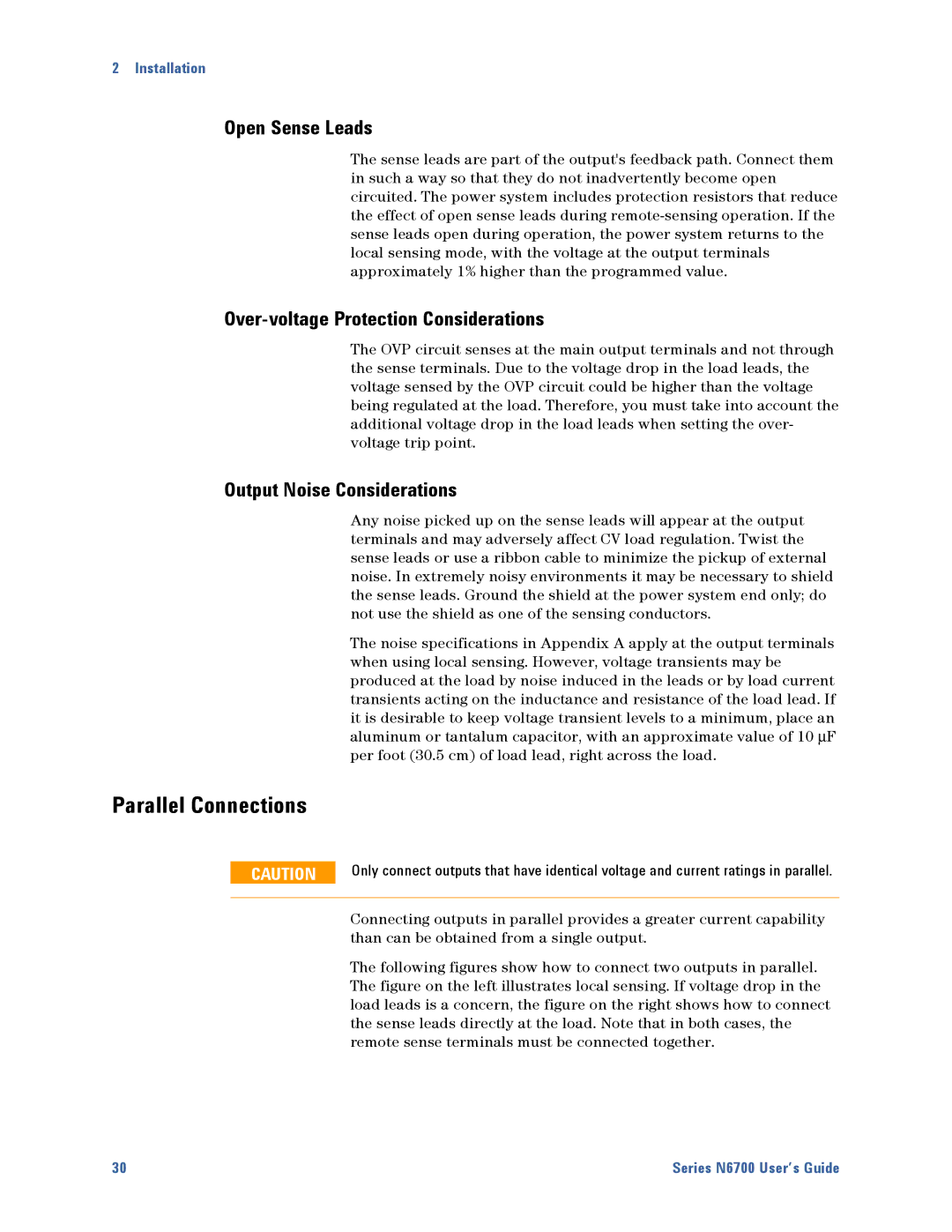 Agilent Technologies N6700 manual Parallel Connections, Open Sense Leads, Over-voltage Protection Considerations 