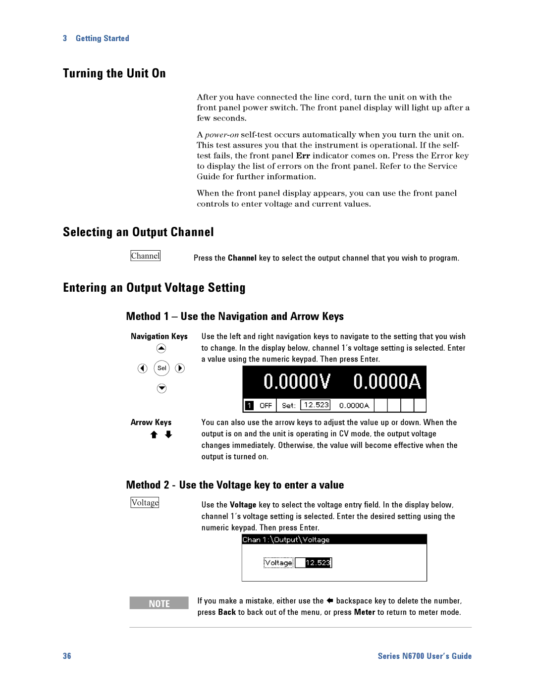 Agilent Technologies N6700 manual Turning the Unit On, Selecting an Output Channel, Entering an Output Voltage Setting 